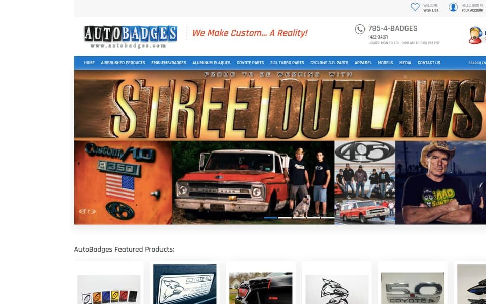 AutoBadges.com home page with featured badges and emblems
