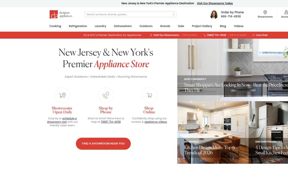 DesignerAppliances.com home page on the custom Magento 2 theme