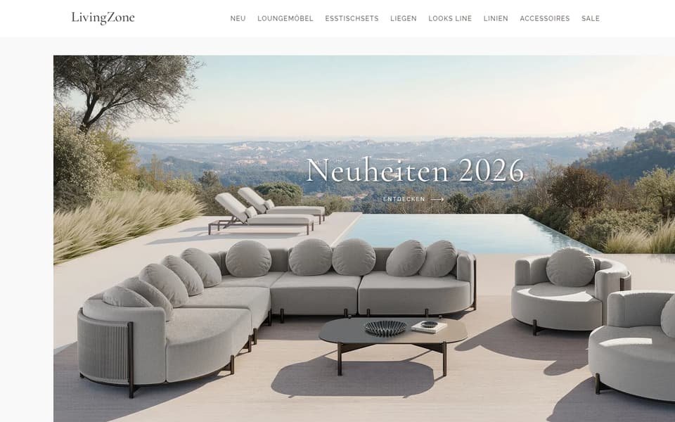 LivingZone.de furniture store homepage, built on Magento 2 with a Hyvä theme
