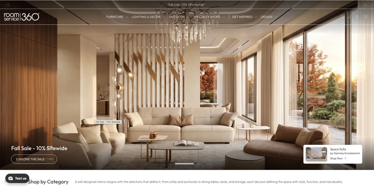 Homepage of RoomService360.com, a store we built