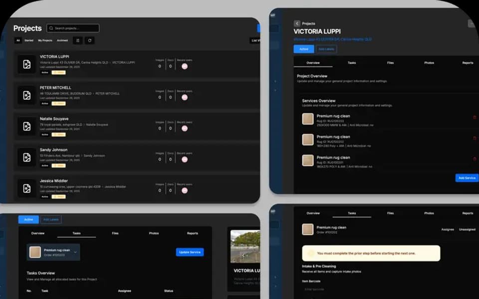 ServiceXPro operations dashboard for rug cleaning workflows